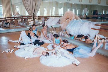 Image showing The seven ballerinas against ballet bar