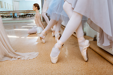 Image showing The close-up feet of young ballerinas in pointe shoes