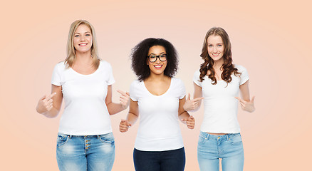 Image showing group of happy different women in white t-shirts