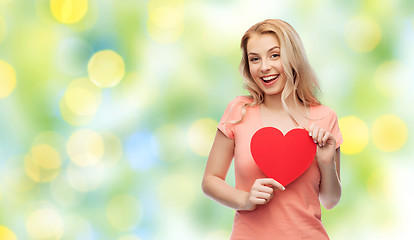 Image showing happy woman or teen girl with red heart shape