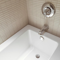 Image showing New modern bathroom with chrome faucets