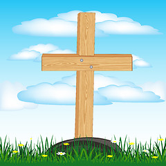 Image showing Wooden cross on grave