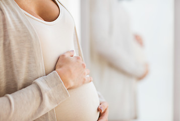 Image showing close up of pregnant woman belly at mirror
