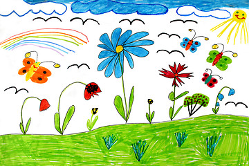 Image showing Children's drawing with butterflies and flowers