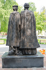 Image showing Sergiev Posad - August 10, 2015: Back view of the twentieth sculptural composition dedicated to the Holy Prince Petr and Princess Fevronia Murom installed in Sergiev Posad