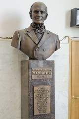 Image showing Sergiev Posad, russia - August 10, 2015: Sculpture Ivan Mamontov in Sergiev Posad Station building