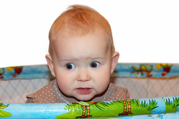 Image showing little baby standing in the playpen in perplexity