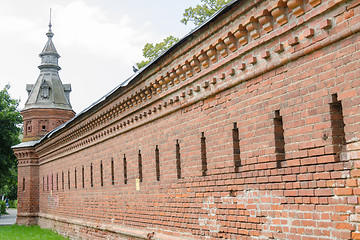 Image showing Sergiev Posad - August 10, 2015: Red wall extending from the retail shops around pafnutevskigo garden at Holy Trinity St. Sergius Lavra in Sergiev Posad