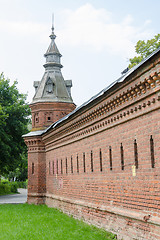 Image showing Sergiev Posad - August 10, 2015: Old wall extending from the retail shops around pafnutevskigo garden at Holy Trinity St. Sergius Lavra in Sergiev Posad