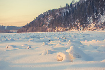 Image showing winter landscape of snow-covered fields, trees 