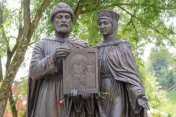 Image showing Sergiev Posad - August 10, 2015: Close-up of individual sculptural composition of the Holy Prince Petr and Princess Fevronia Murom in Sergiev Posad, twentieth composition