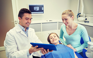 Image showing dentist showing tablet pc to girl and her mother