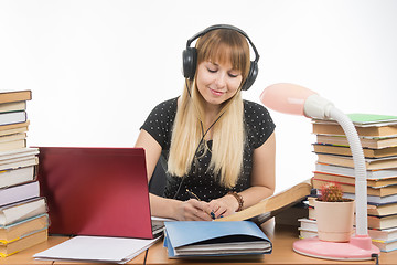 Image showing Student listening to music on headphones engaged in preparing for the exam