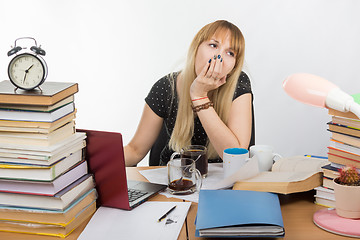 Image showing Student yawns after drinking 3 cups of coffee, doing graduation project at night