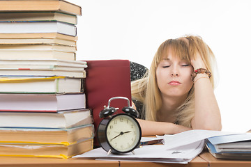 Image showing Student fell asleep leaning his head on his hand, late at night in preparation for the exam