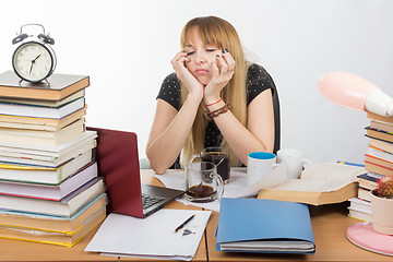 Image showing Girl student fell asleep at the table drinking three cups of coffee