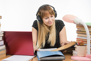 Image showing Happy student sitting at the table and preparing for exams in headphones