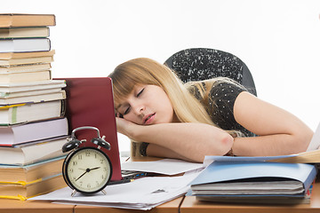 Image showing Student fell asleep at his desk preparing for an exam