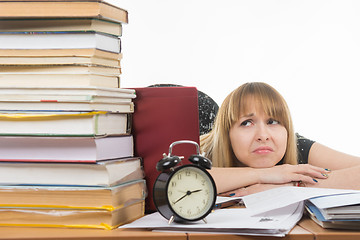 Image showing Student with despair looking at a big stack of books