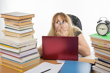 Image showing Student shocked smorit a large stack of textbooks