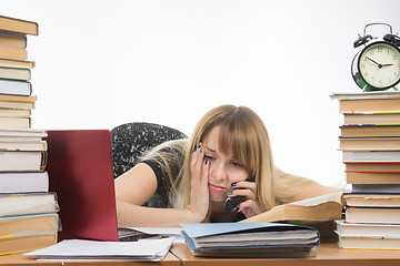 Image showing Tired student late at night talking on the phone