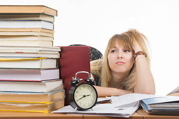 Image showing Student sad looking at a stack of books