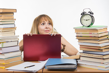 Image showing The student looks at his watch and realizes that the exam is already close