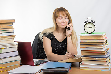 Image showing Student discusses by phone the paragraph in the textbook