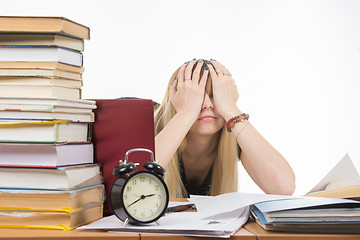 Image showing Student covering her eyes with her hands to take a break from their studies