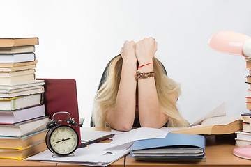 Image showing Student covering her head arms in preparation for exams