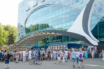 Image showing Moscow, Russia - August 10, 2015: Huge queue of people to open a center for Oceanography and Marine Biology \