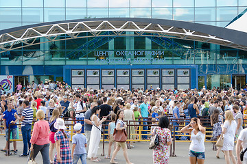 Image showing Moscow, Russia - August 10, 2015: Huge queue of people at the main entrance into the opened Center for Oceanography and Marine Biology \