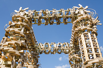 Image showing Moscow, Russia - August 10, 2015: The top part of the structure of wooden beams constructed by students in the territory ENEA