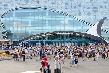 Image showing Moscow, Russia - August 10, 2015: A crowd of people at the main entrance into the opened Center for Oceanography and Marine Biology \