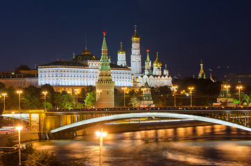 Image showing Moscow, Russia - August 10, 2015: Night view of the Grand Kremlin Palace in Moscow Kremlin and the Moscow River