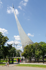 Image showing Moscow, Russia - August 10, 2015: entrance from the metro station VDNH the alley of astronauts and the monument \