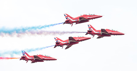 Image showing LEEUWARDEN, THE NETHERLANDS - JUNE 10, 2016: RAF Red Arrows perf