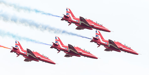 Image showing LEEUWARDEN, THE NETHERLANDS - JUNE 10, 2016: RAF Red Arrows perf