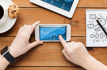 Image showing close up of woman with chart on smartphone screen