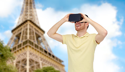 Image showing happy man in virtual reality headset or 3d glasses