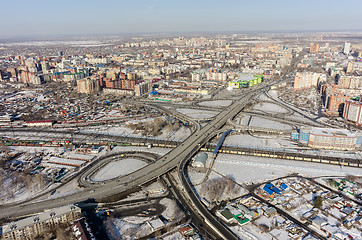 Image showing Aerial view on bridge over railways. Tyumen. Russia