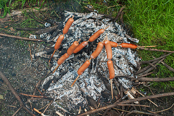 Image showing grilled sausages on camp fire