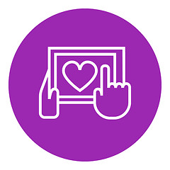 Image showing Hands holding tablet with heart sign line icon.