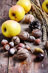 Image showing Autumn still life with apples and nuts