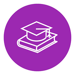 Image showing Graduation cap laying on book line icon.