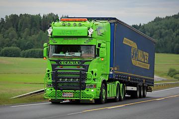 Image showing Lime Green Scania Semi Show Truck on the Road