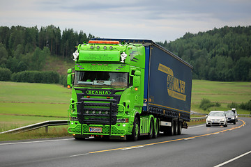 Image showing Lime Green Scania Semi Trailer on the Road