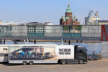 Image showing Volvo Truck Range on Semi Trailer with Helsinki View