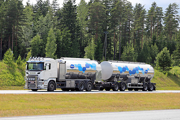 Image showing New Scania R500 Milk Tank Truck on Motorway at Summer