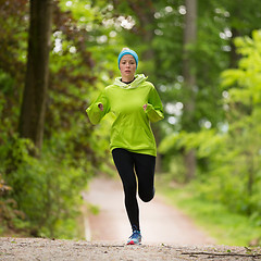 Image showing Sporty young female runner in the forest. 